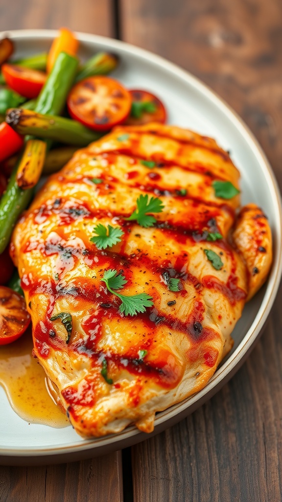 Grilled spicy garlic chicken breast garnished with parsley, served with grilled vegetables.